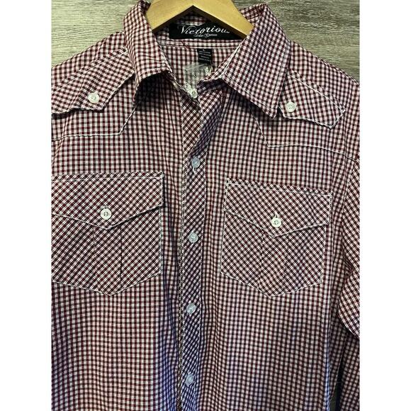 VICTORIOUS Urban Couture Sz L Men Shirt Long Sleeve Button Down Red Plaid Eagle - Picture 7 of 10